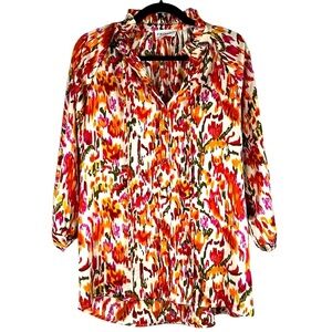 First Love by Lovelyn Multi Colored Boho Flowy 3/4 Sleeve Button Down Top Size S